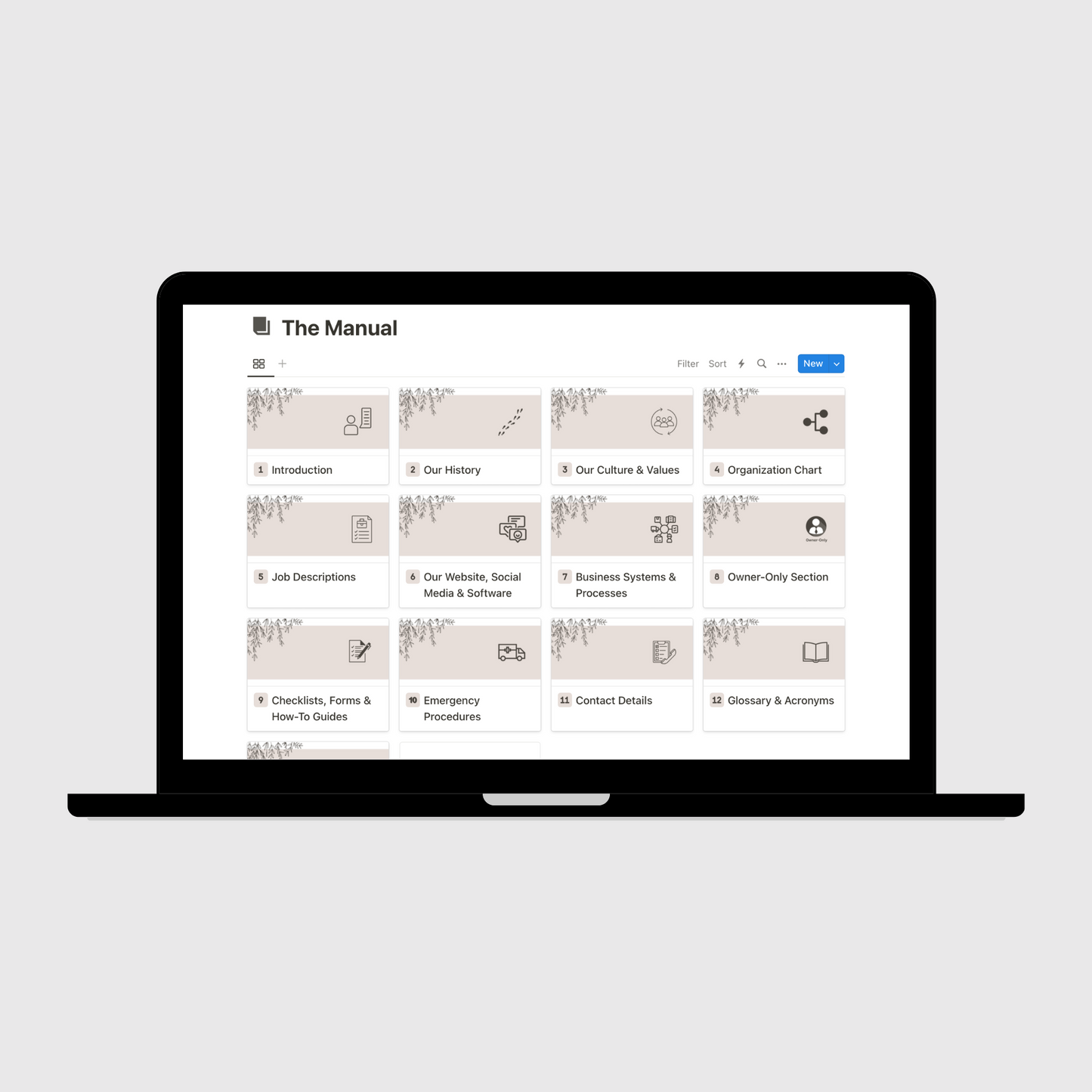 Tablet displaying “The Manual” section of a Small Business Operations Manual Notion template with sections for company history, culture and values, job descriptions, emergency procedures, and business systems.
