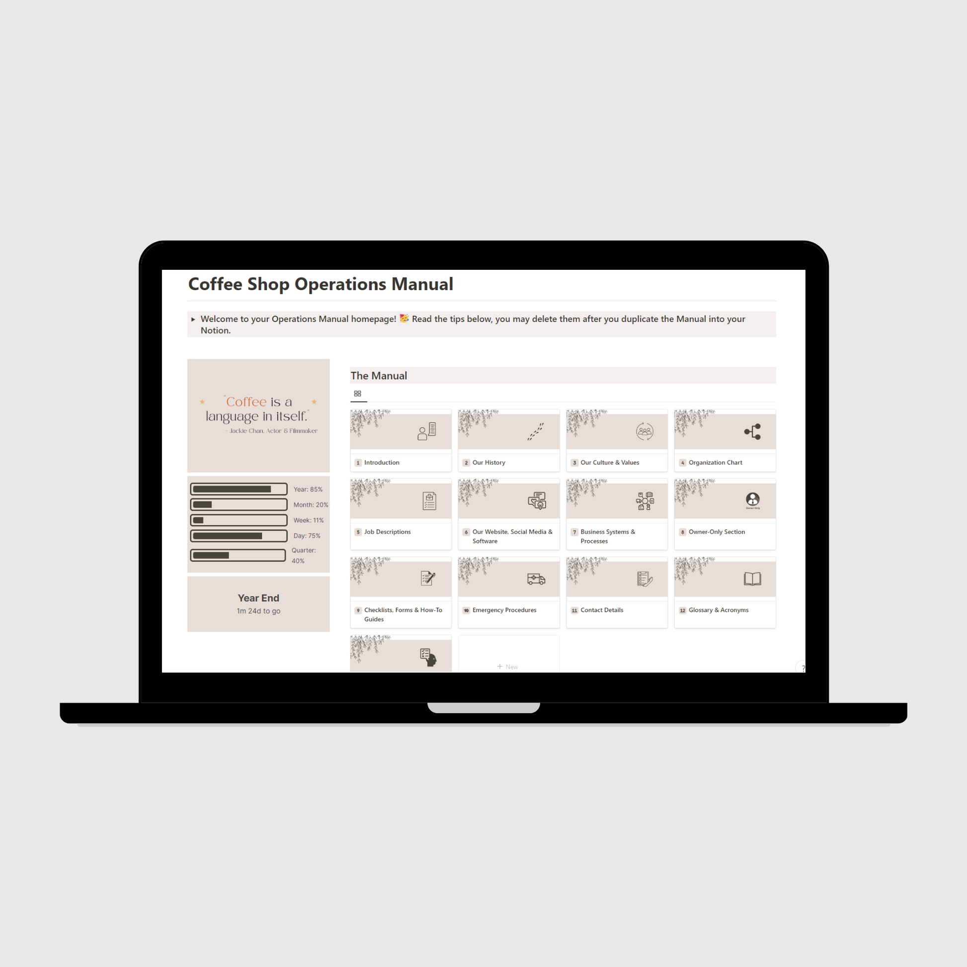 Notion Operations Manual template for coffee shops shown on a laptop, featuring organized sections for company systems and team information, with a sidebar displaying motivational quotes and productivity progress trackers.