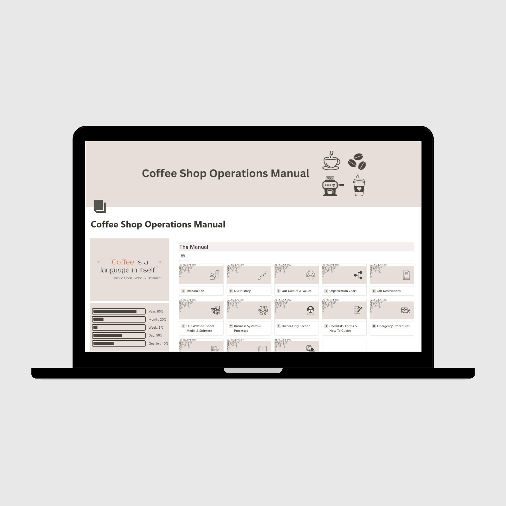 Notion Operations Manual template for coffee shops shown on a laptop, featuring organized sections for company systems and team information, with a sidebar displaying motivational quotes and productivity progress trackers.