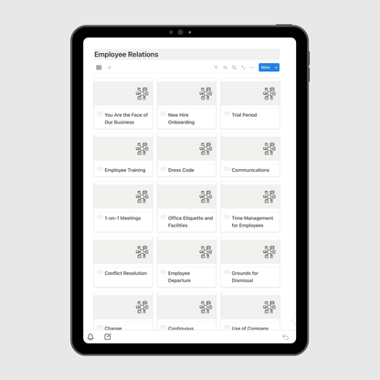 Notion Consulting Firm Operations Manual template displayed on a tablet, showing the Employee Relations dashboard with policies for onboarding, communication, training, and performance management.