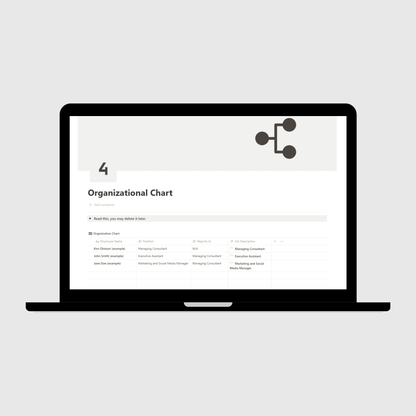 Notion Consulting Firm Operations Manual template shown on a laptop, presenting an Organizational Chart layout with team structure, reporting lines, and example job titles for consulting teams.