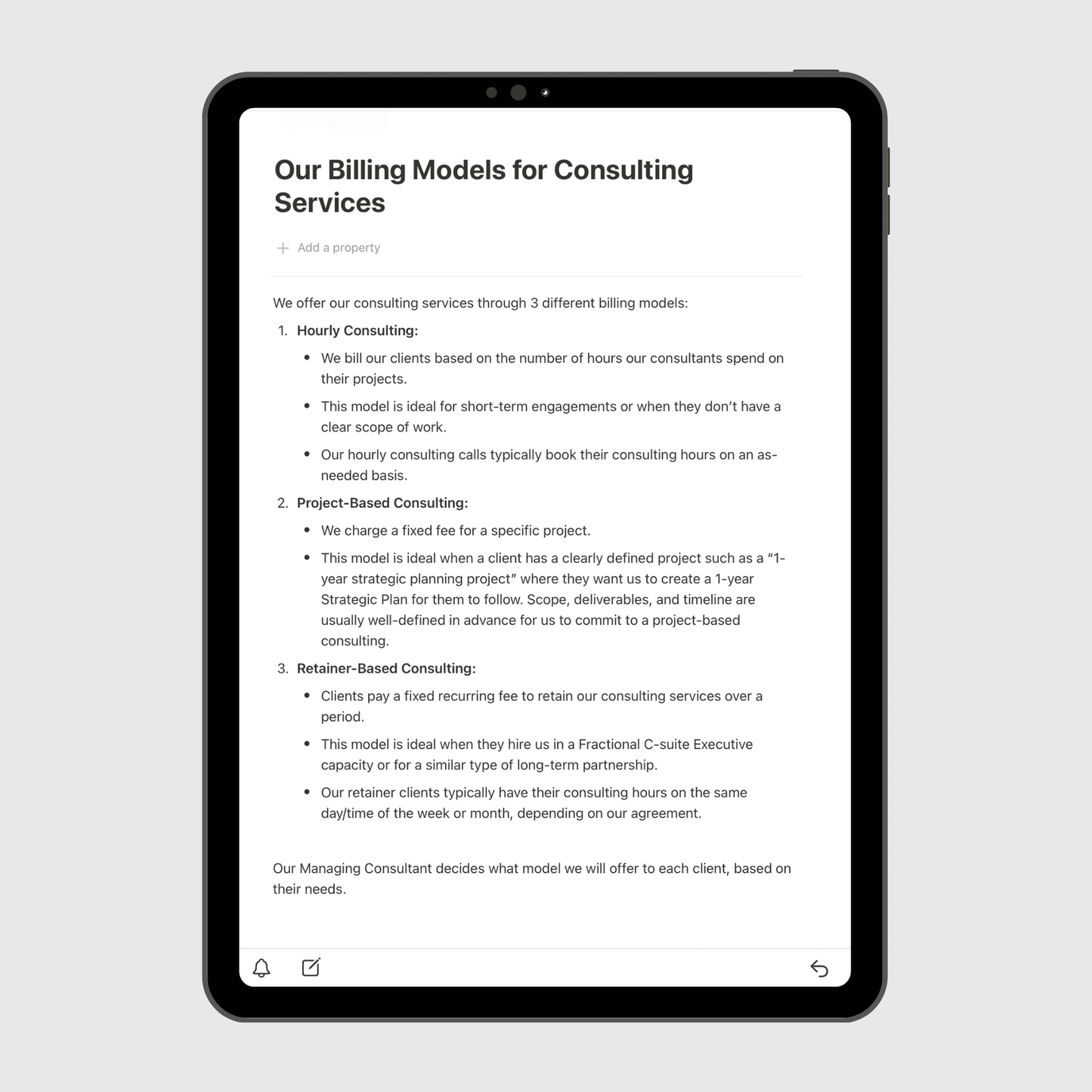 Notion Consulting Firm Operations Manual template shown on a tablet, featuring the Billing Models for Consulting Services page explaining hourly, project-based, and retainer-based pricing structures.