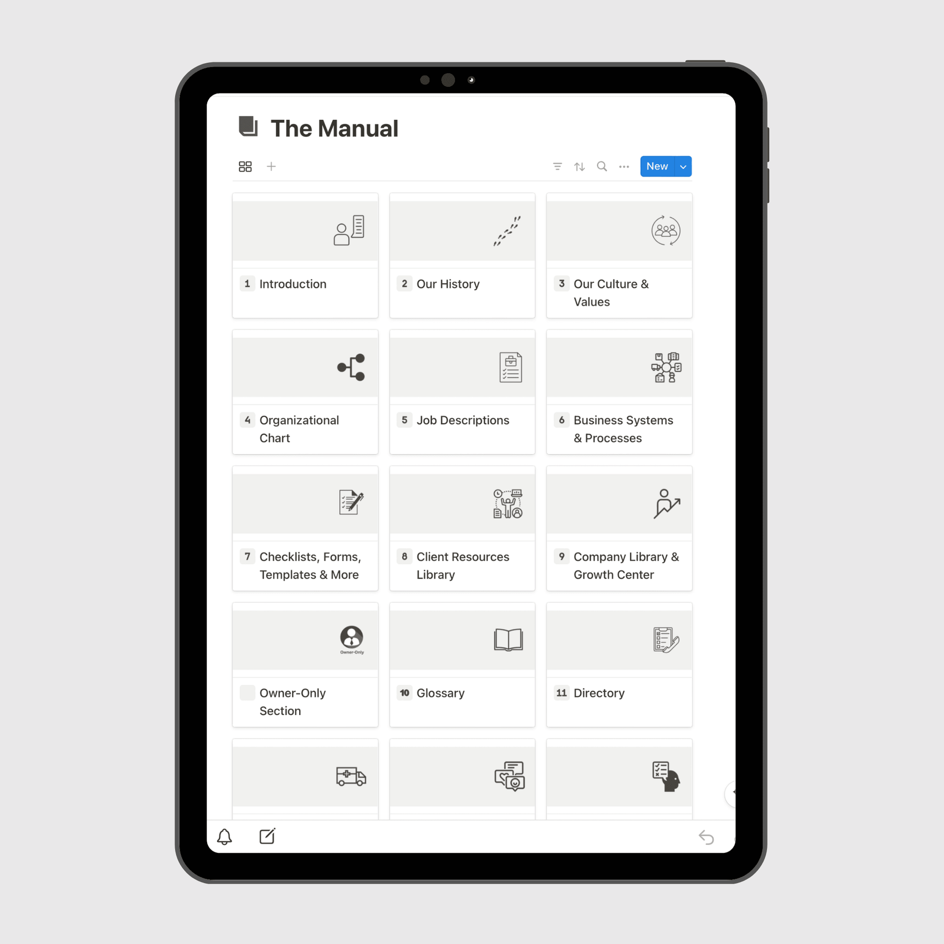 Tablet displaying “The Manual” section of a Consulting Firm Business Operations Manual Notion template with sections for company history, culture and values, job descriptions, emergency procedures, and business systems.
