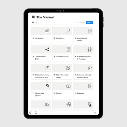 Tablet displaying “The Manual” section of a Consulting Firm Business Operations Manual Notion template with sections for company history, culture and values, job descriptions, emergency procedures, and business systems.