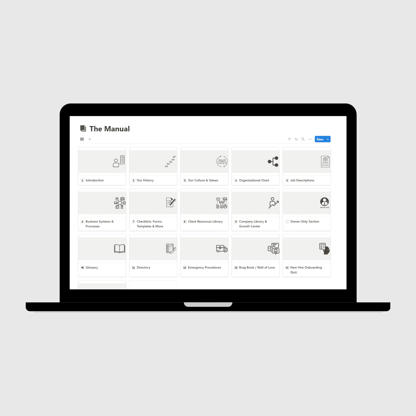 Laptop displaying “The Manual” section of a Consulting Firm Business Operations Manual Notion template with sections for company history, culture and values, job descriptions, emergency procedures, and business systems.