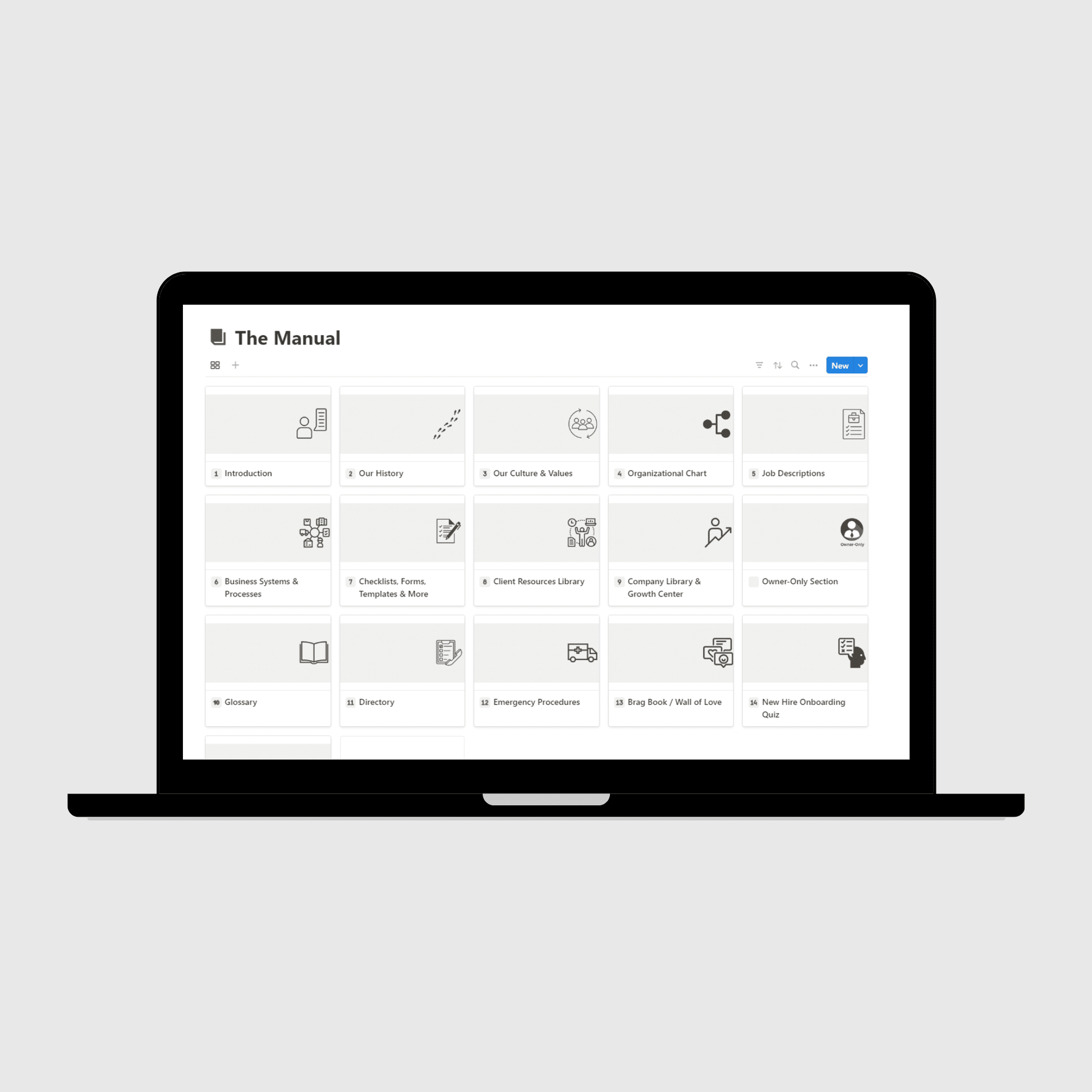 Laptop displaying “The Manual” section of a Consulting Firm Business Operations Manual Notion template with sections for company history, culture and values, job descriptions, emergency procedures, and business systems.