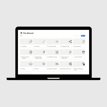 Laptop displaying “The Manual” section of a Consulting Firm Business Operations Manual Notion template with sections for company history, culture and values, job descriptions, emergency procedures, and business systems.