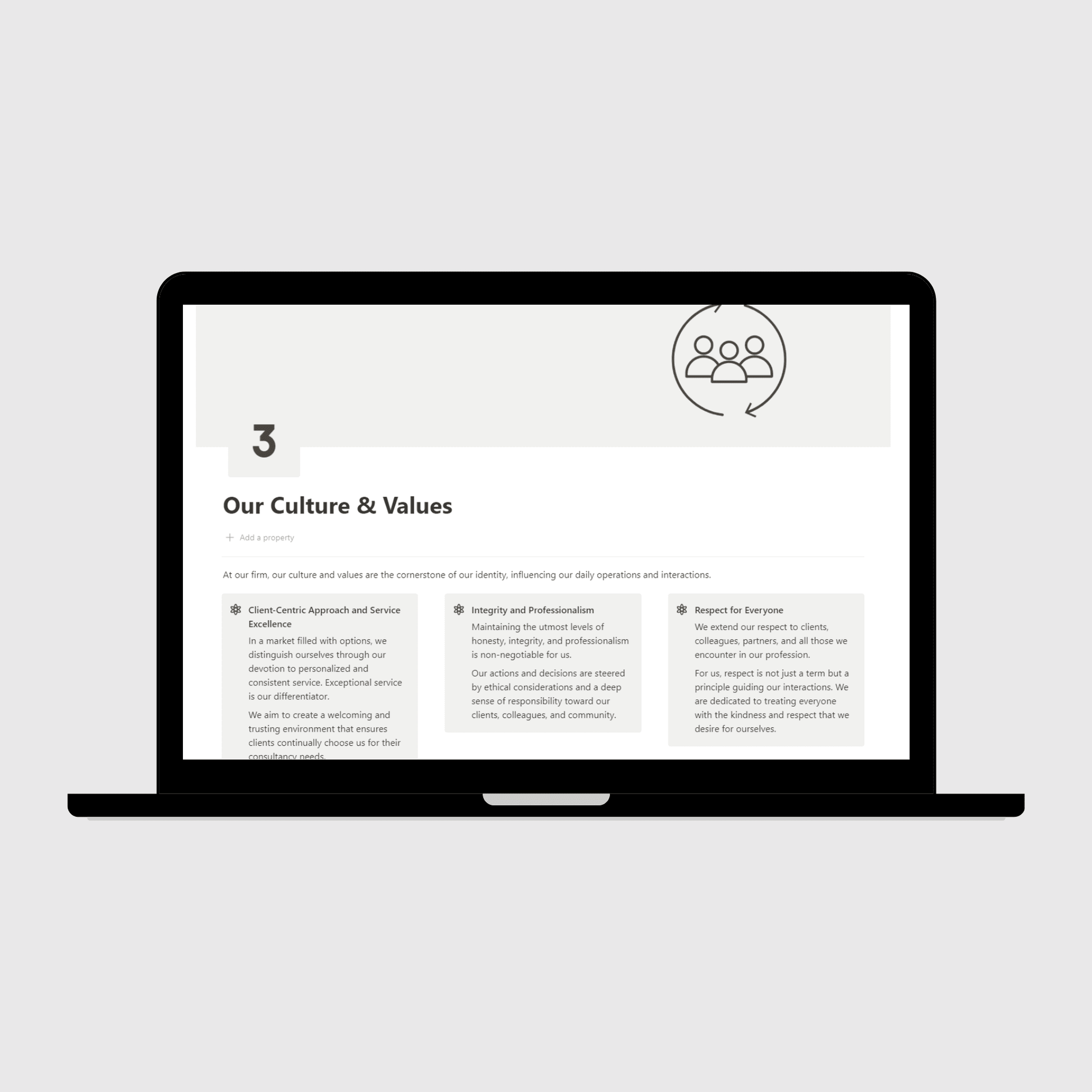 Consulting Firm Operations Manual Notion template shown on a laptop, featuring the Our Culture & Values page highlighting service excellence, integrity, and respect as the foundation of company operations.