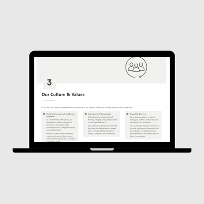 Consulting Firm Operations Manual Notion template shown on a laptop, featuring the Our Culture & Values page highlighting service excellence, integrity, and respect as the foundation of company operations.