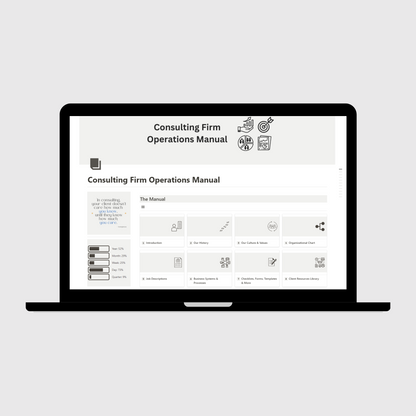 Notion Operations Manual template for consulting firms shown on a laptop, featuring organized sections for company systems and team information, with a sidebar displaying motivational quotes and productivity progress trackers.