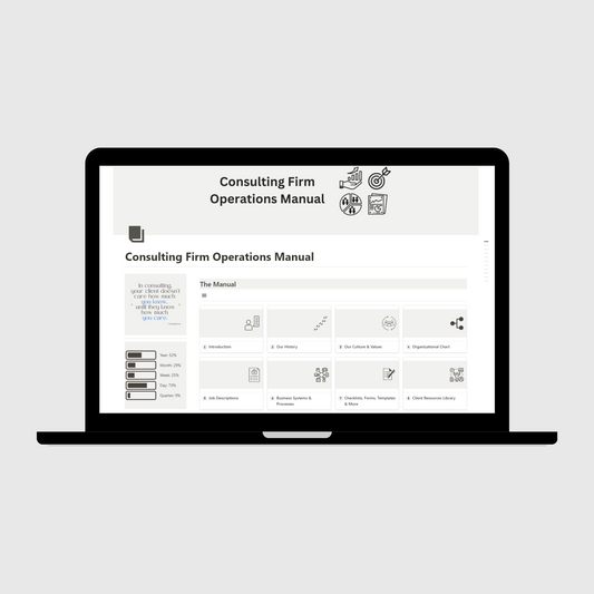 Notion Operations Manual template for consulting firms shown on a laptop, featuring organized sections for company systems and team information, with a sidebar displaying motivational quotes and productivity progress trackers.