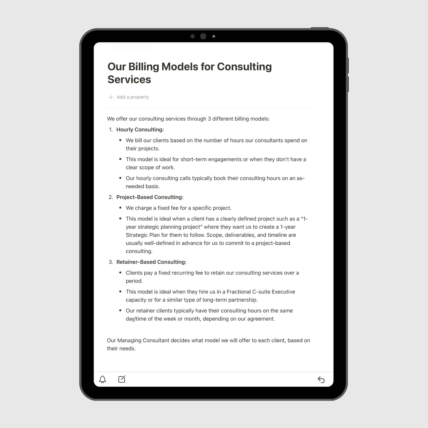 Notion Consulting Firm Operations Manual template shown on a tablet, featuring the Billing Models for Consulting Services page explaining hourly, project-based, and retainer-based pricing structures.