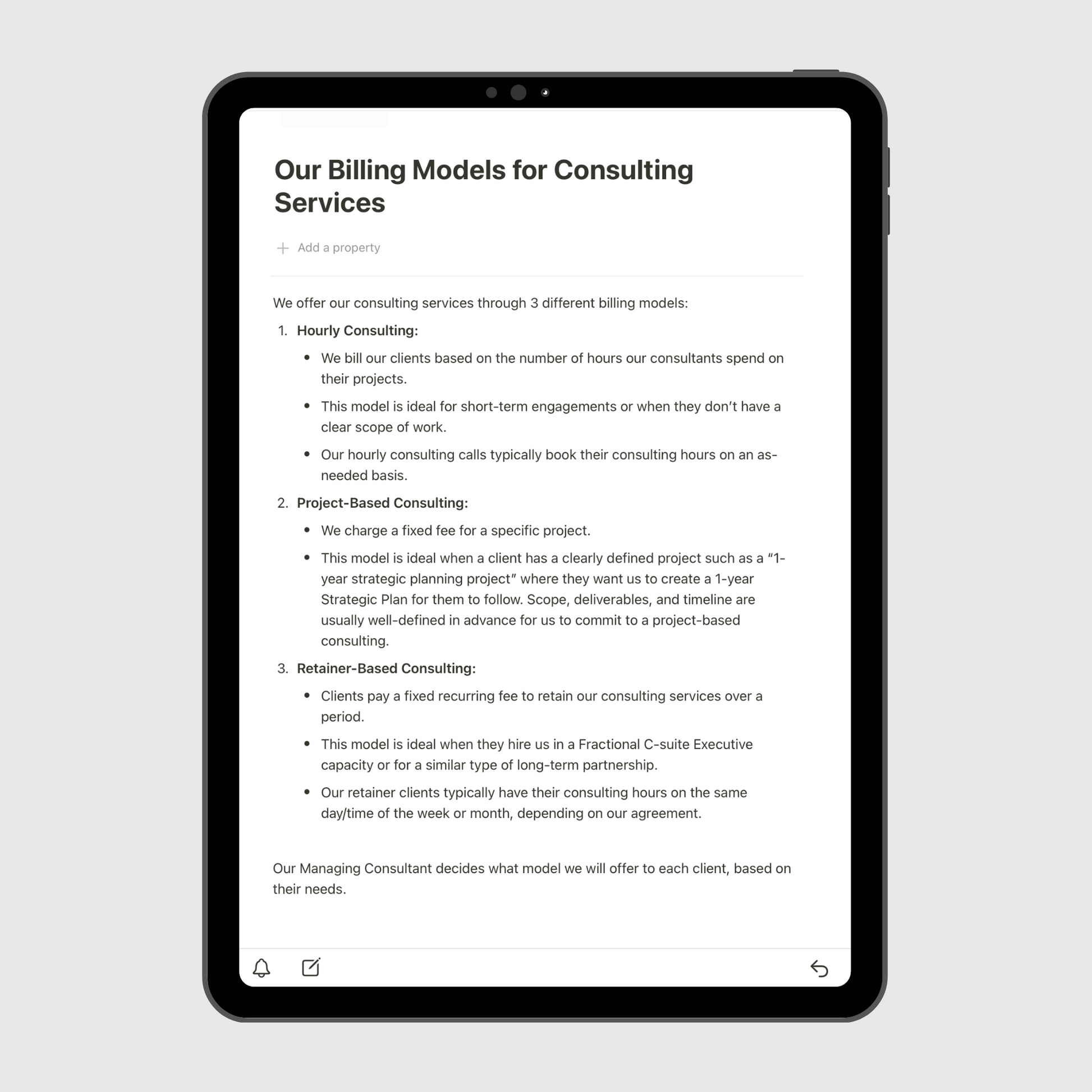Notion Consulting Firm Operations Manual template shown on a tablet, featuring the Billing Models for Consulting Services page explaining hourly, project-based, and retainer-based pricing structures.