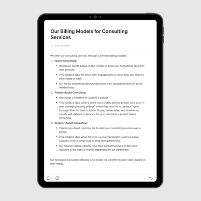 Notion Consulting Firm Operations Manual template shown on a tablet, featuring the Billing Models for Consulting Services page explaining hourly, project-based, and retainer-based pricing structures.