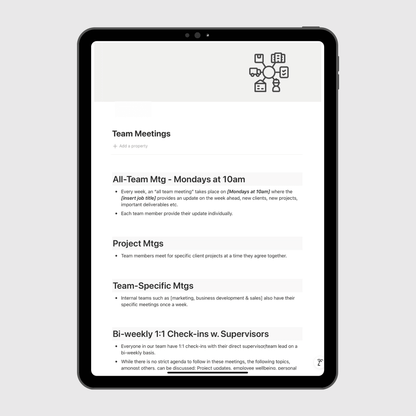 Tablet showing a Notion marketing agency operations manual outlining team meeting structures including weekly all-hands, project meetings, department meetings, and bi-weekly supervisor check-ins.