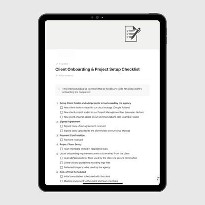 Notion marketing agency operations manual template shown on a tablet with a detailed client onboarding and project setup checklist covering folder creation, agreements, payments, and kickoff calls.