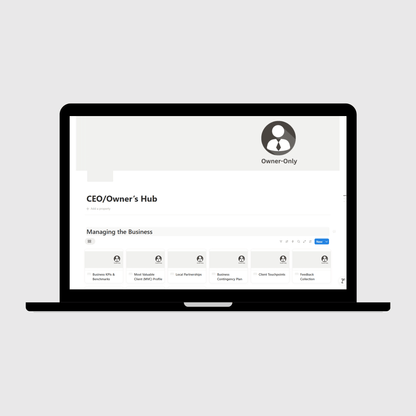 Notion marketing agency CEO/Owner’s Hub template displayed on a laptop, including sections for business KPIs, client partnerships, contingency planning, and feedback systems for agency leaders.