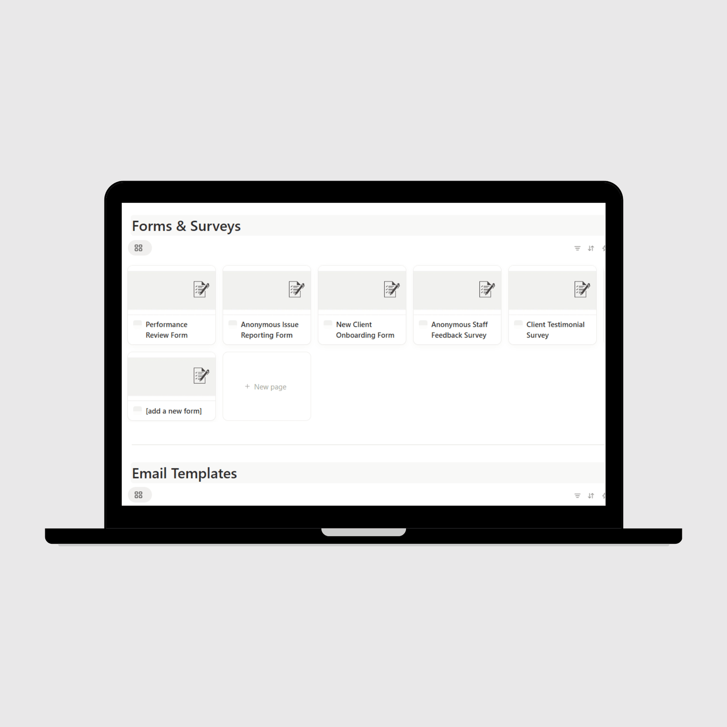 Notion marketing agency SOP template shown on a laptop with a Forms & Surveys dashboard including performance review forms, client onboarding forms, staff feedback, and testimonial surveys.