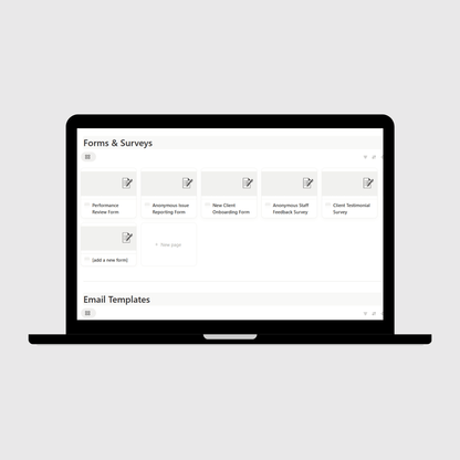 Notion marketing agency SOP template shown on a laptop with a Forms & Surveys dashboard including performance review forms, client onboarding forms, staff feedback, and testimonial surveys.