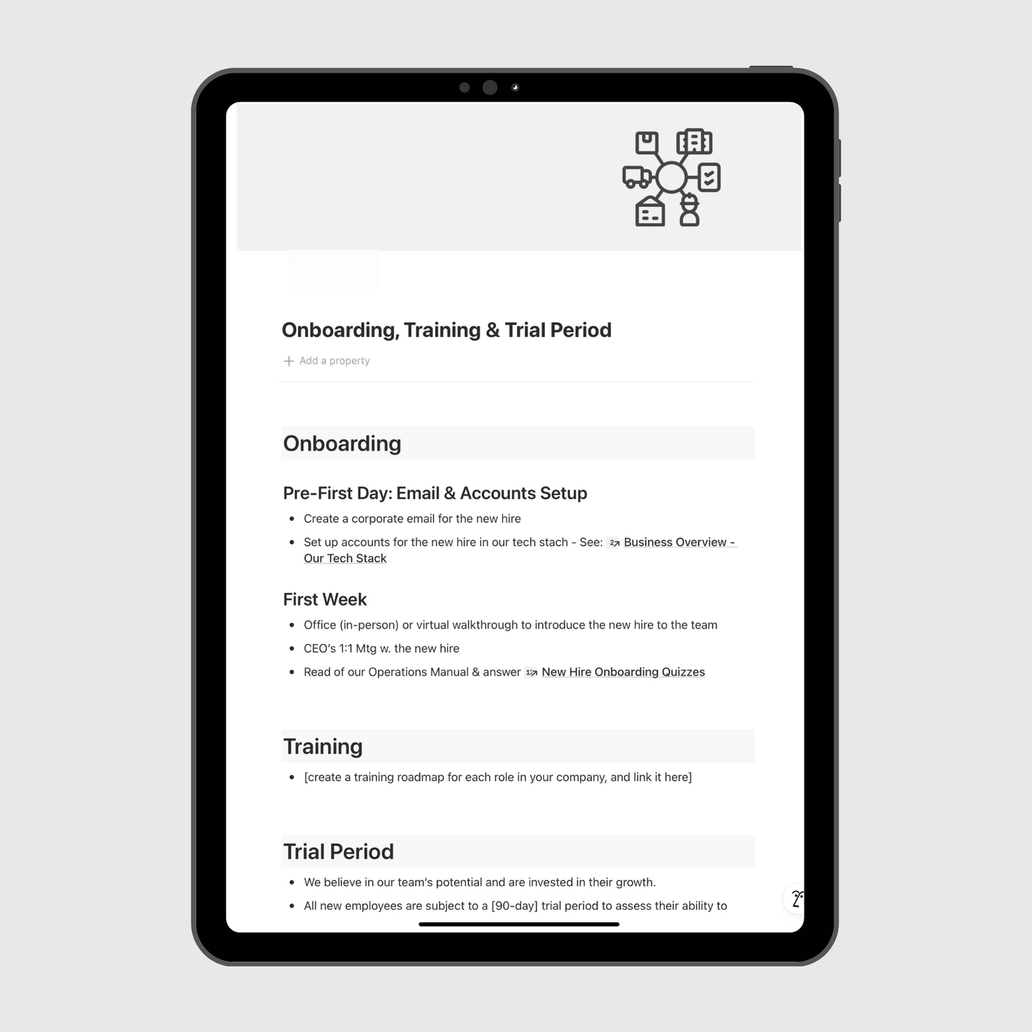 Notion digital marketing agency operations manual template displayed on a tablet, showing onboarding, training, and trial period procedures for new hires, including setup, training roadmap, and performance evaluation steps.