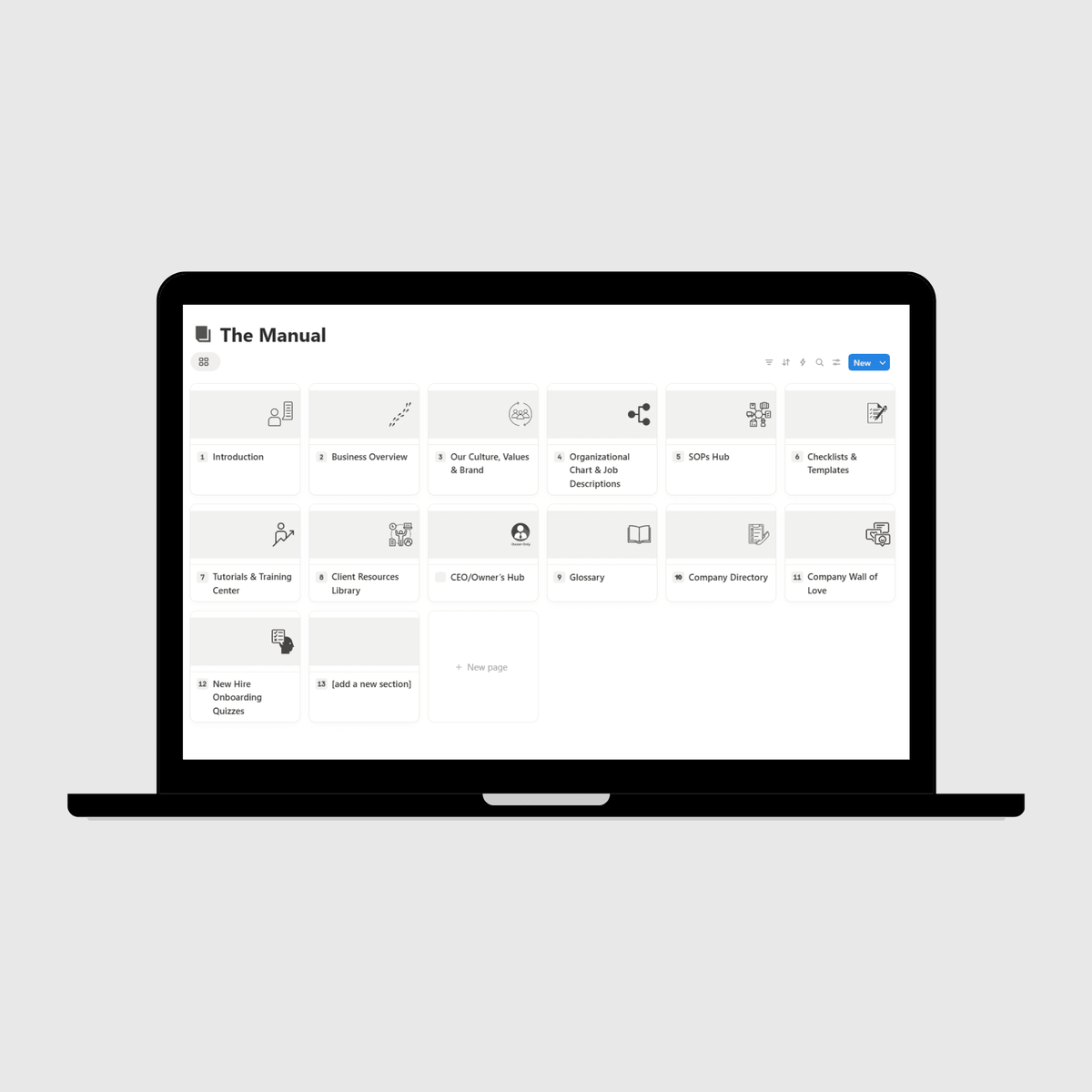 Main sections of an operations manual in Notion, from business overview and org chart to SOPs hub and onboarding quizzes