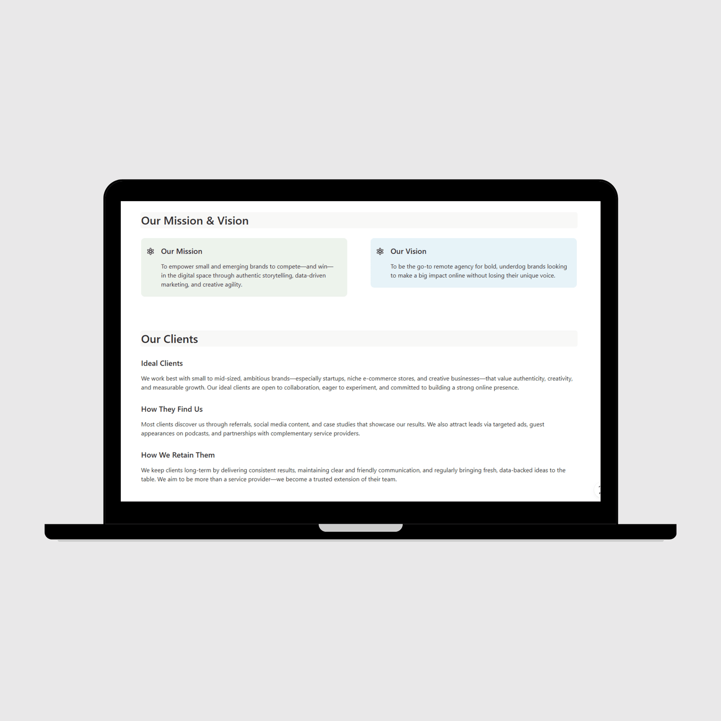 Laptop showing a digital marketing agency operations manual page detailing company mission, vision, and client profiles, including ideal clients, how they find the agency, and long-term retention strategies.