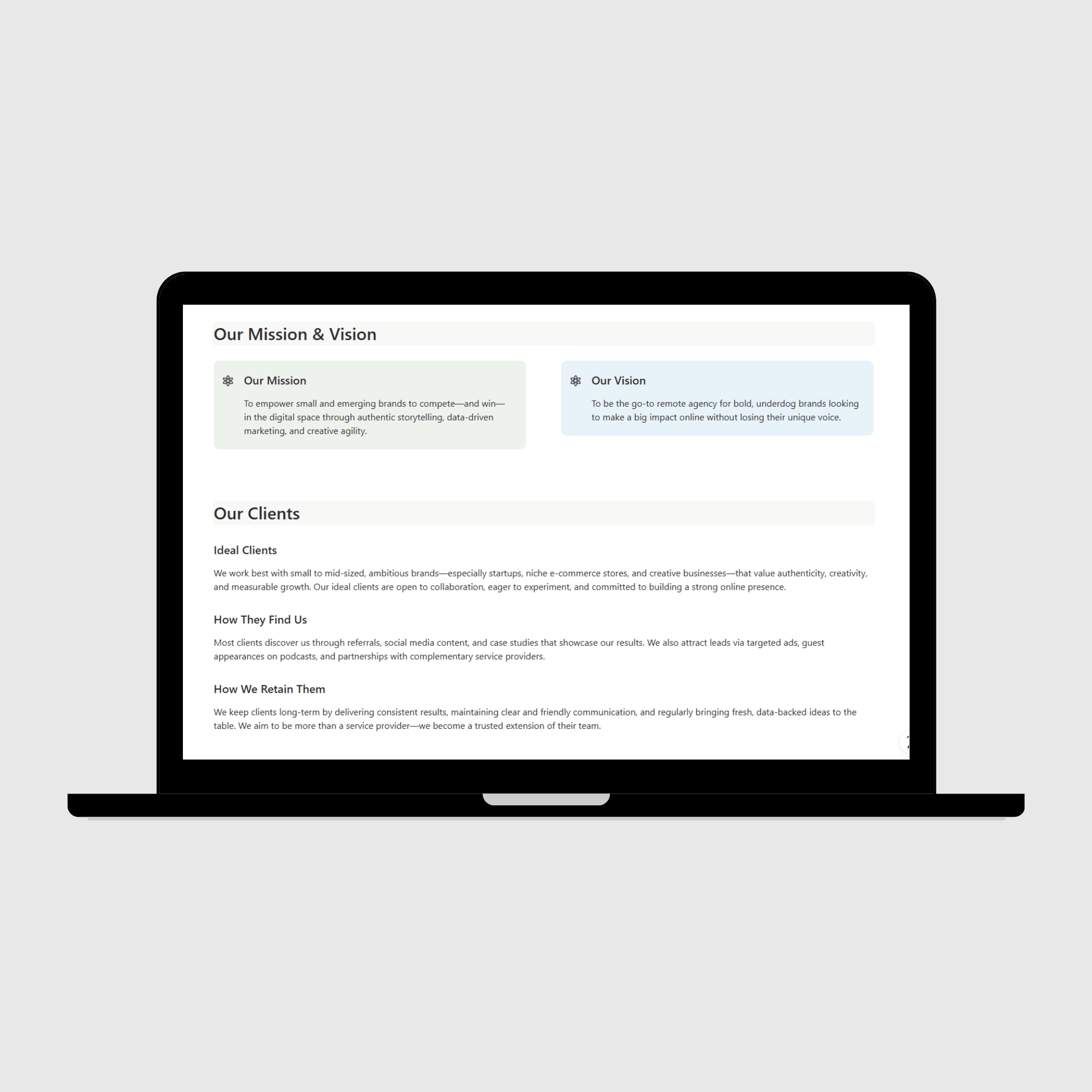 Laptop showing a digital marketing agency operations manual page detailing company mission, vision, and client profiles, including ideal clients, how they find the agency, and long-term retention strategies.