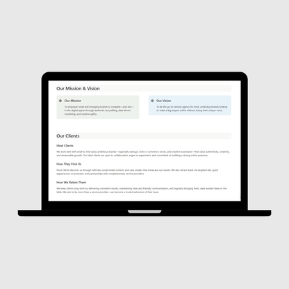 Laptop showing a digital marketing agency operations manual page detailing company mission, vision, and client profiles, including ideal clients, how they find the agency, and long-term retention strategies.