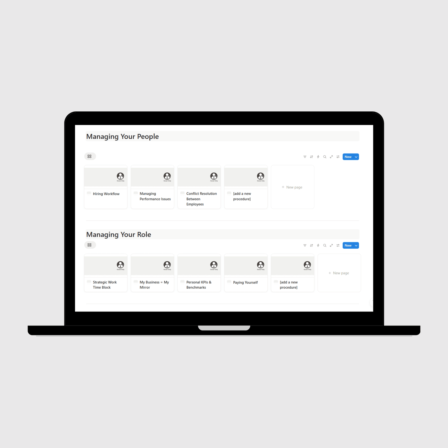 Laptop showing a Notion-based CEO/manager dashboard for a marketing agency showing templates for managing team performance, hiring workflows, personal KPIs, and strategic time management.