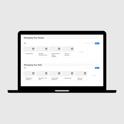 Laptop showing a Notion-based CEO/manager dashboard for a marketing agency showing templates for managing team performance, hiring workflows, personal KPIs, and strategic time management.