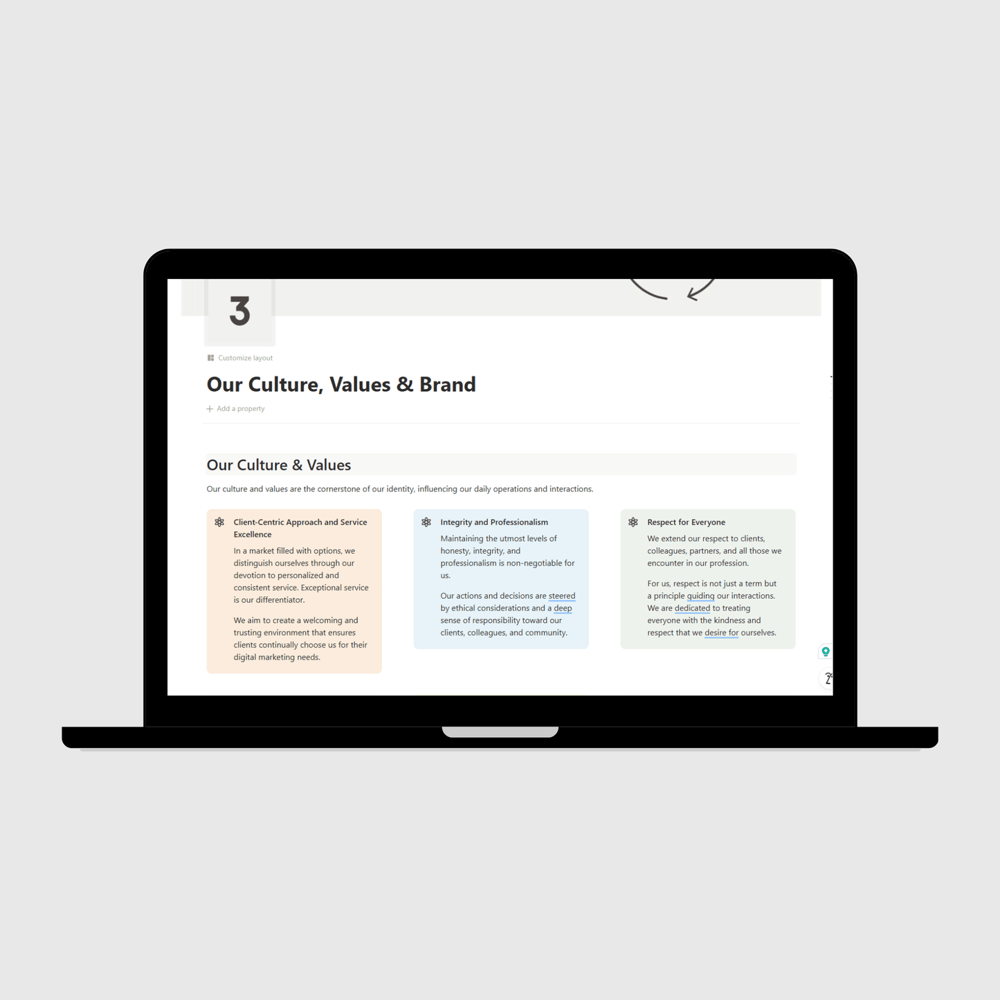 Digital Marketing Agency Operations Manual Notion template shown on a laptop, featuring the Our Culture & Values page highlighting service excellence, integrity, and respect as the foundation of company operations.