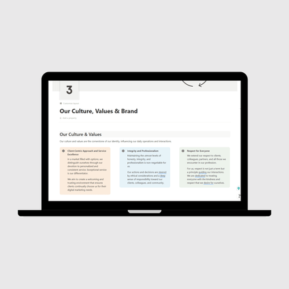 Digital Marketing Agency Operations Manual Notion template shown on a laptop, featuring the Our Culture & Values page highlighting service excellence, integrity, and respect as the foundation of company operations.