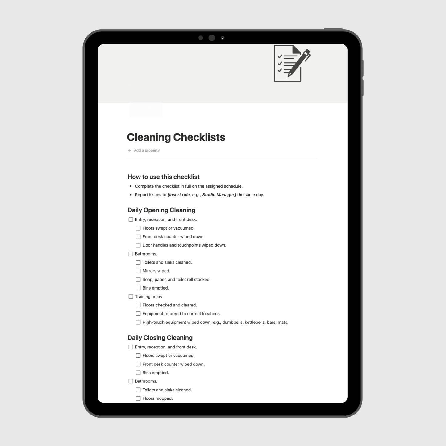 Tablet displaying a digital manual on a light gray background