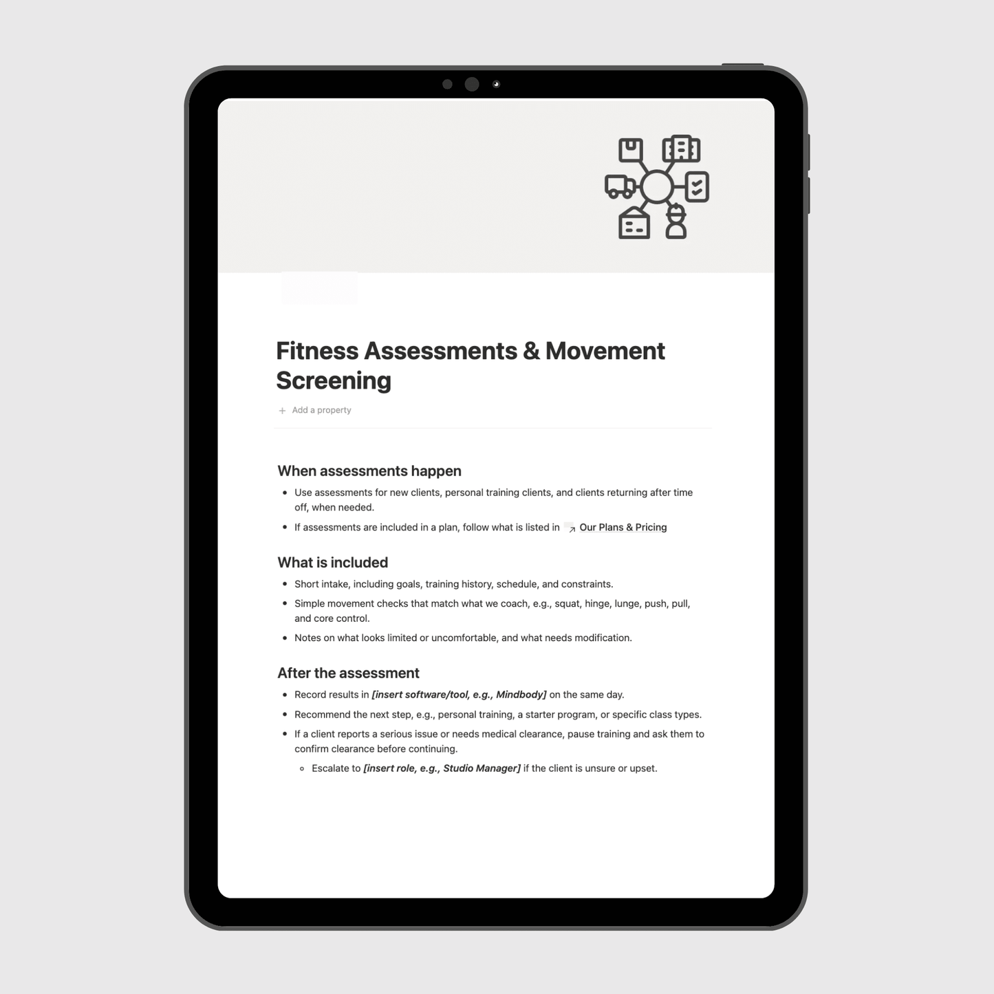 Tablet displaying a digital manual on a light gray background