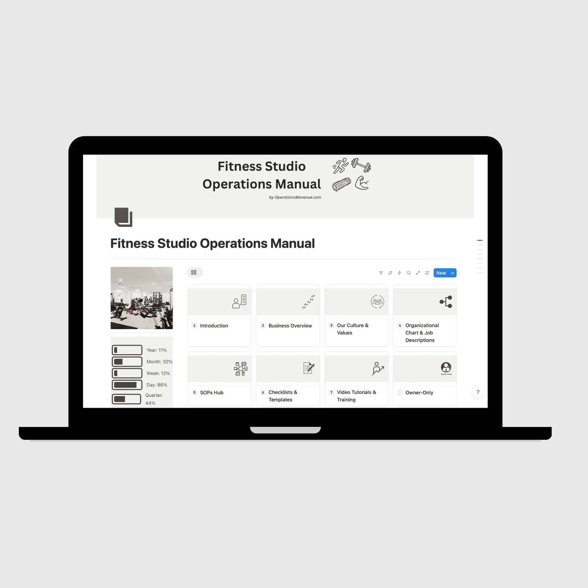 Laptop displaying a digital manual on a light gray background
