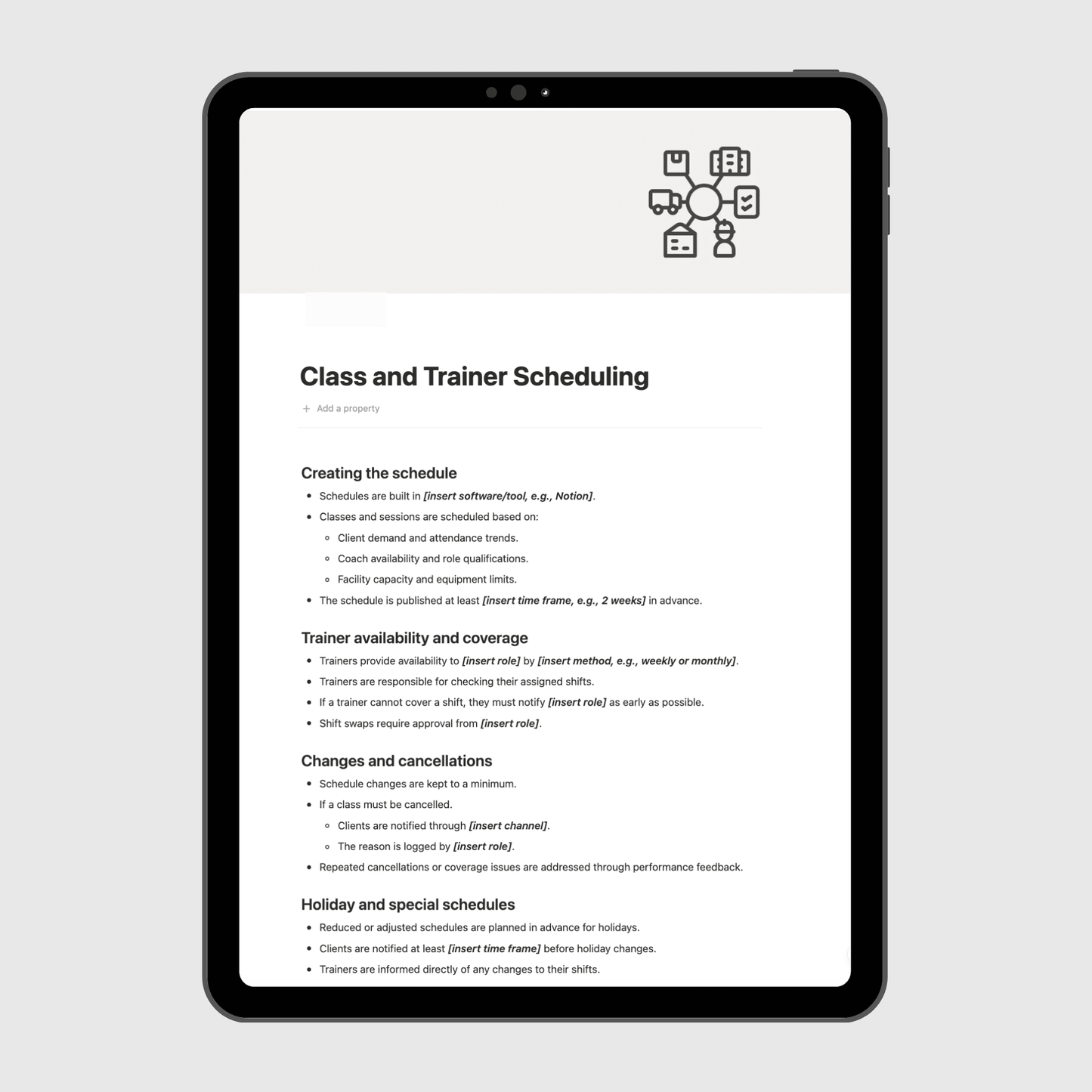 Tablet displaying a digital manual on a light gray background
