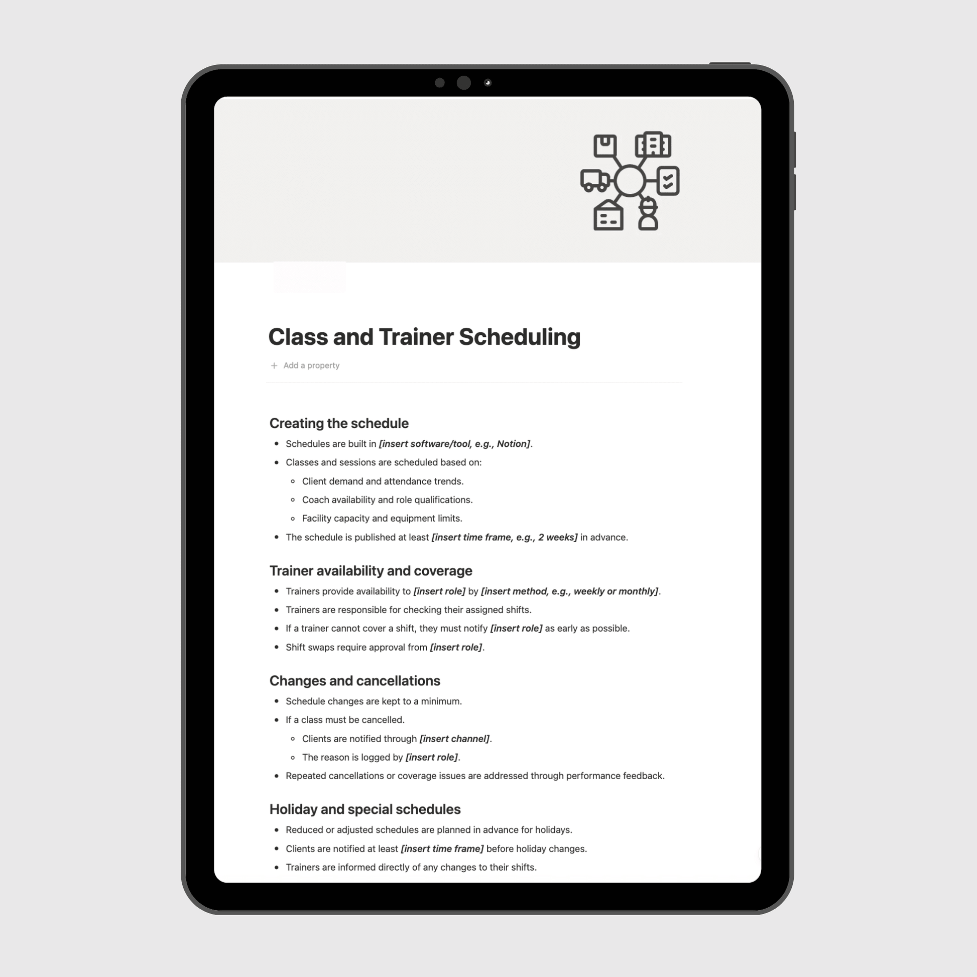 Tablet displaying a digital manual on a light gray background