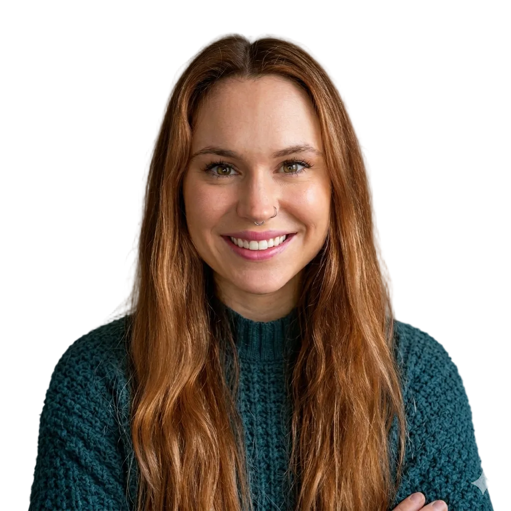 Woman with long brown hair wearing a teal sweater against a gray background