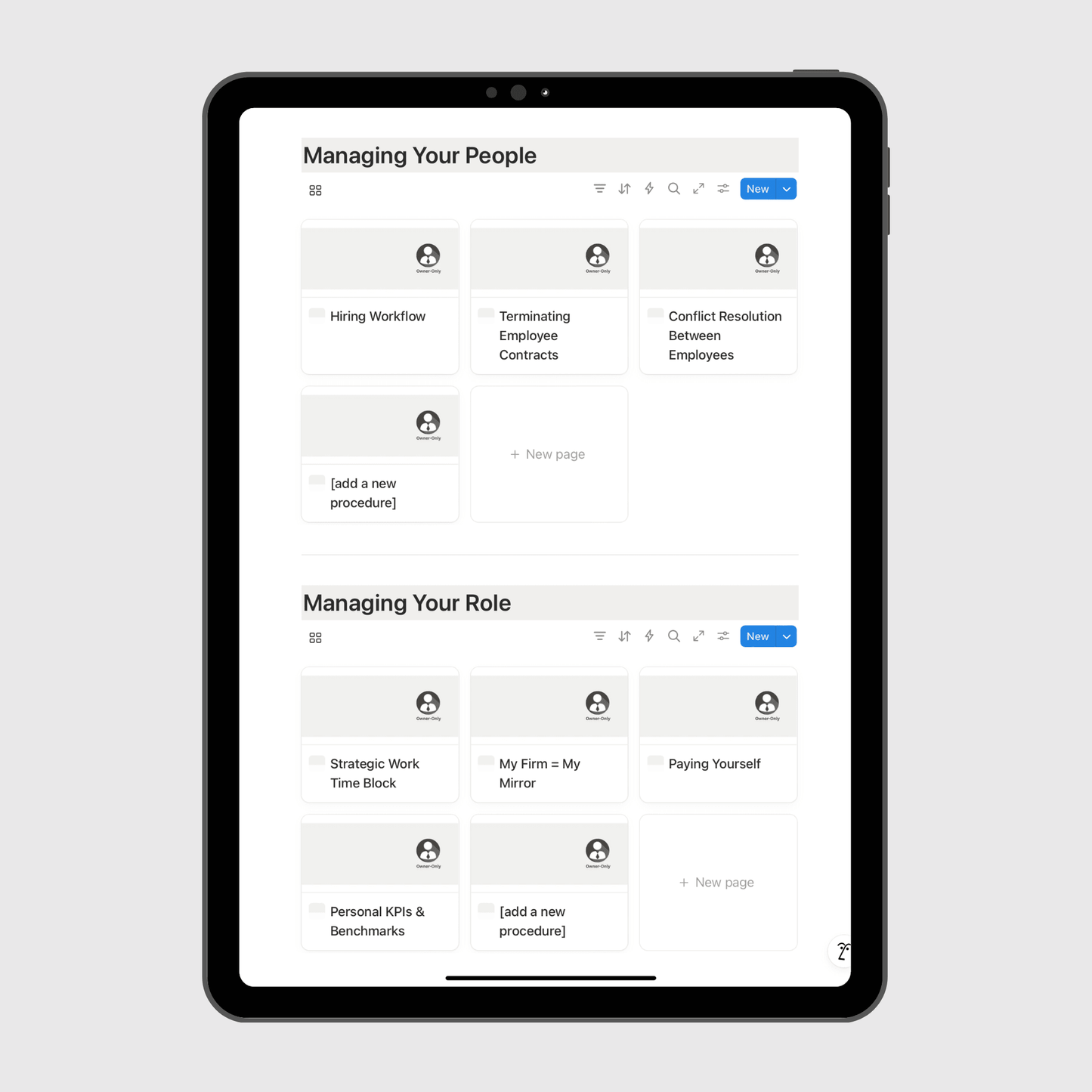 Tablet displaying a management software interface on a light gray background