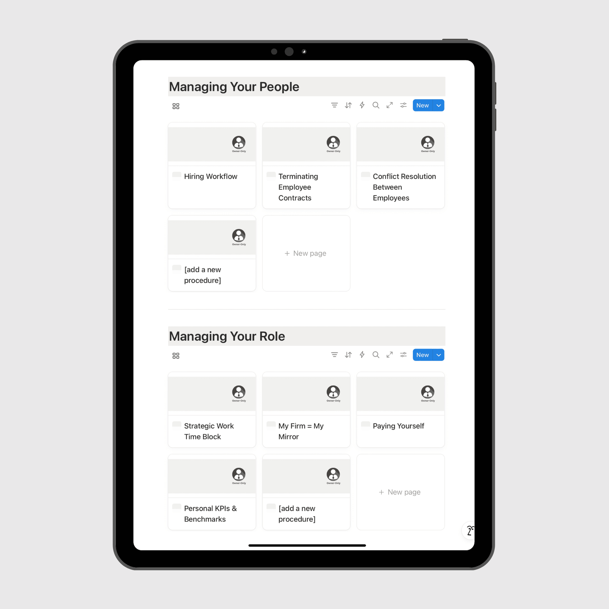 Tablet displaying a management software interface on a light gray background