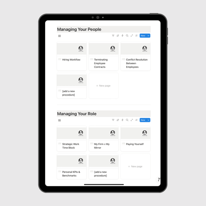 Tablet displaying a management software interface on a light gray background