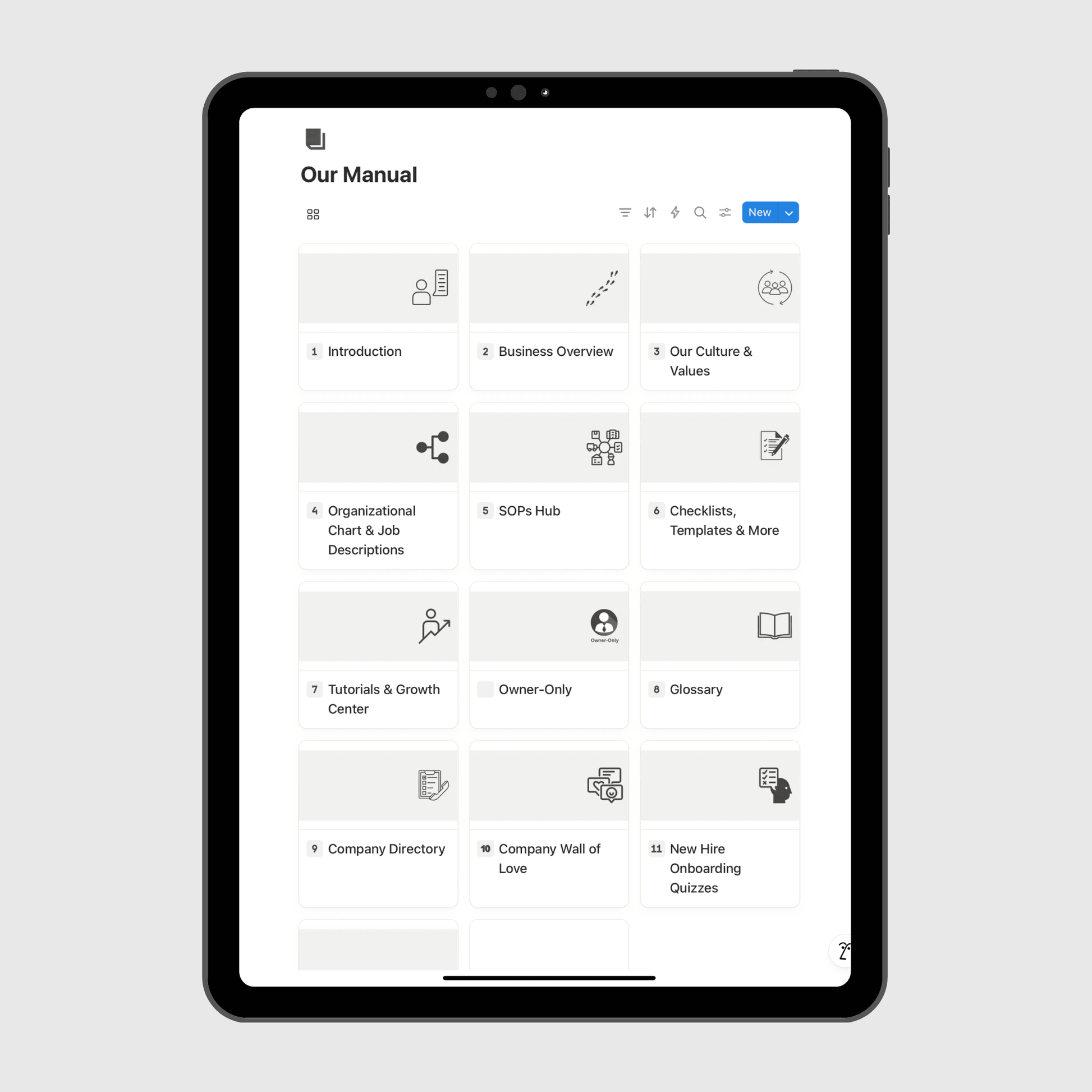 Tablet displaying a digital manual on a light gray background