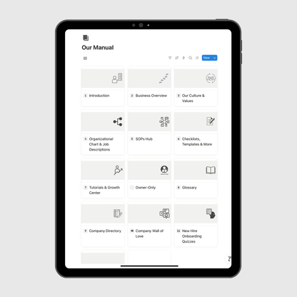 Tablet displaying a digital manual on a light gray background