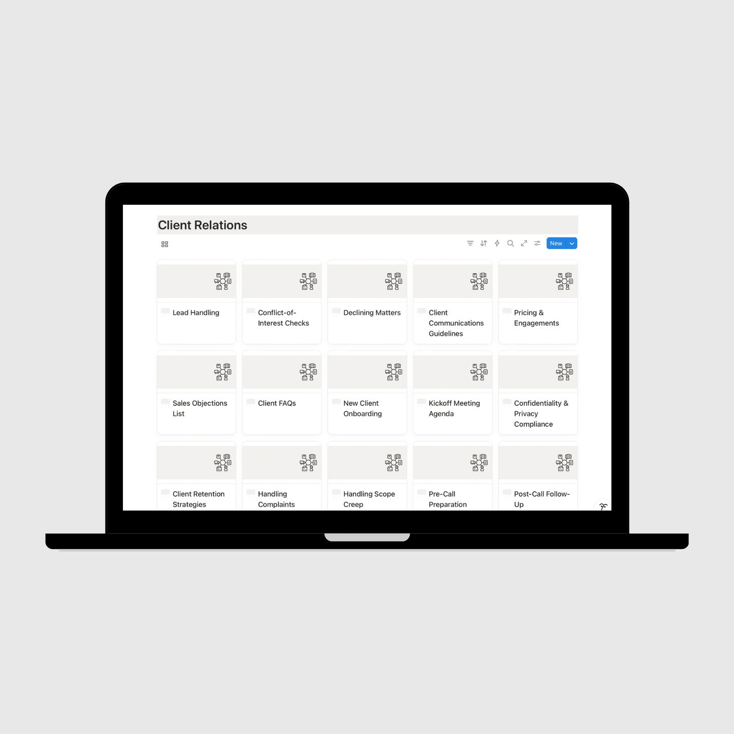 Laptop displaying a client relations management software interface on a light gray background