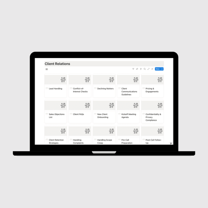 Laptop displaying a client relations management software interface on a light gray background