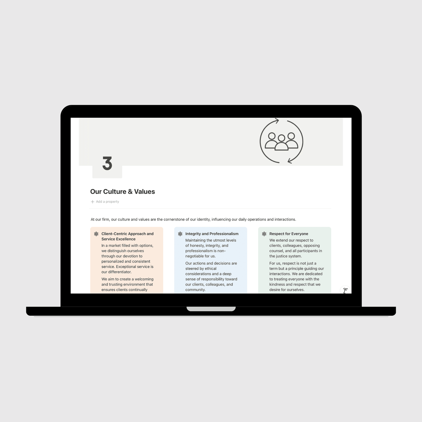 Laptop displaying a webpage about culture and values on a light gray background