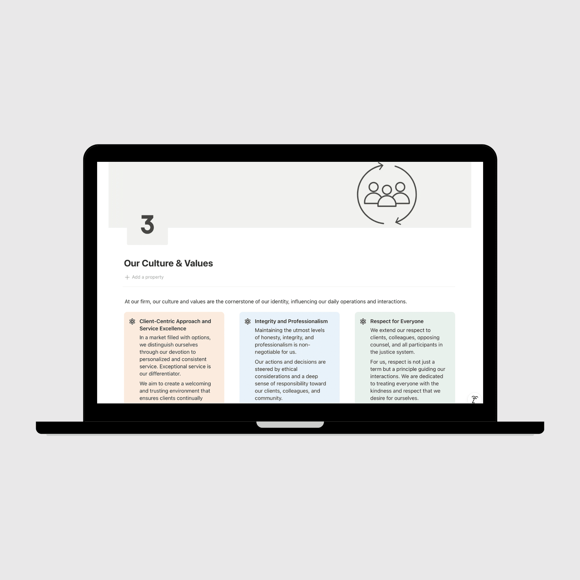 Laptop displaying a webpage about culture and values on a light gray background