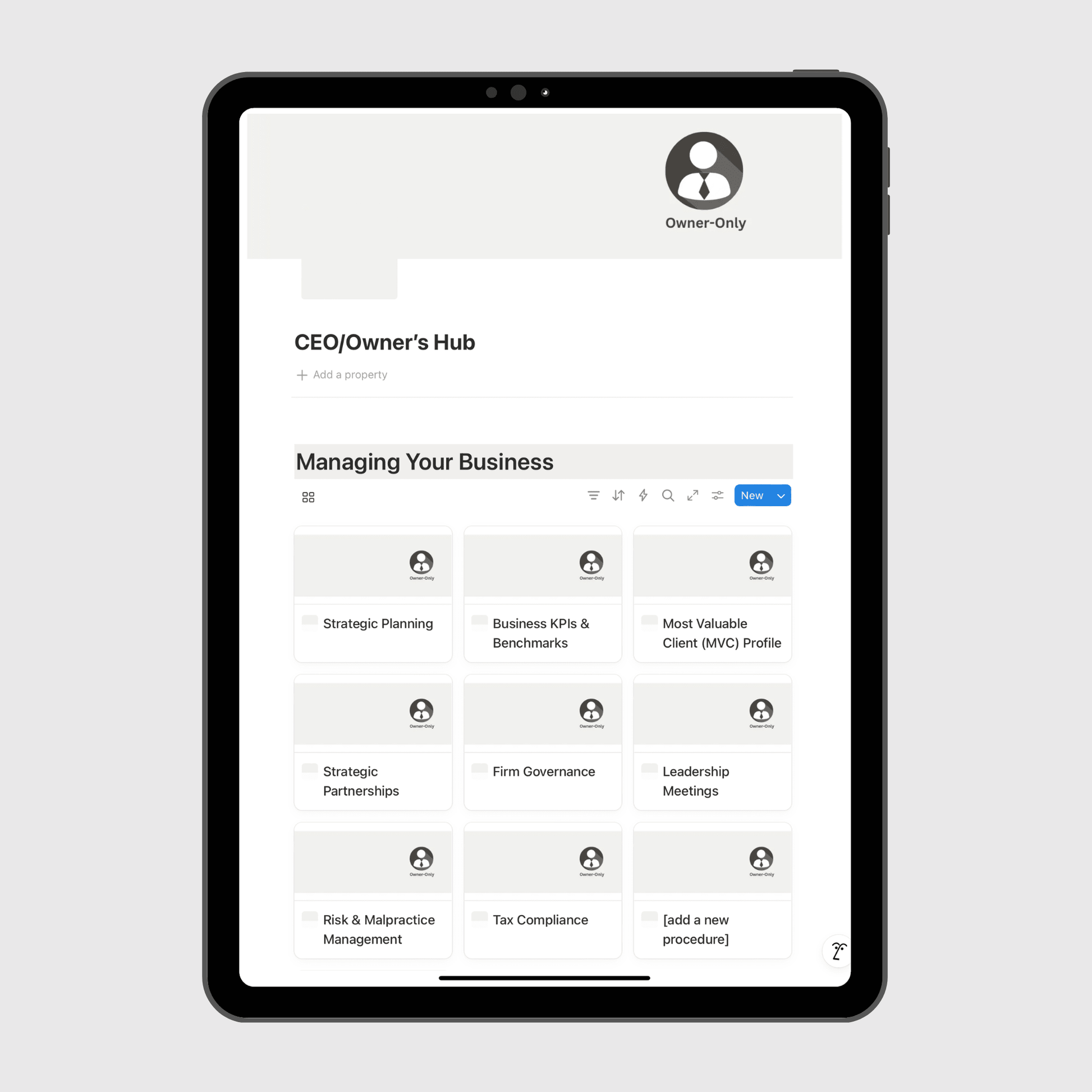 Tablet displaying a business management app interface on a light gray background