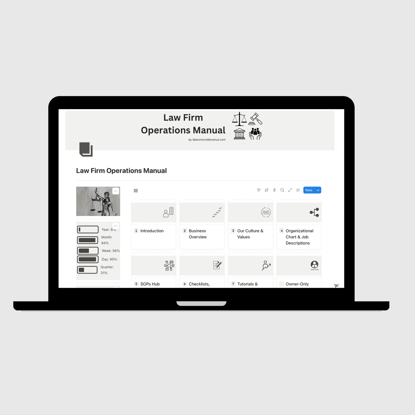 Laptop displaying a Law Firm Operations Manual on a light gray background