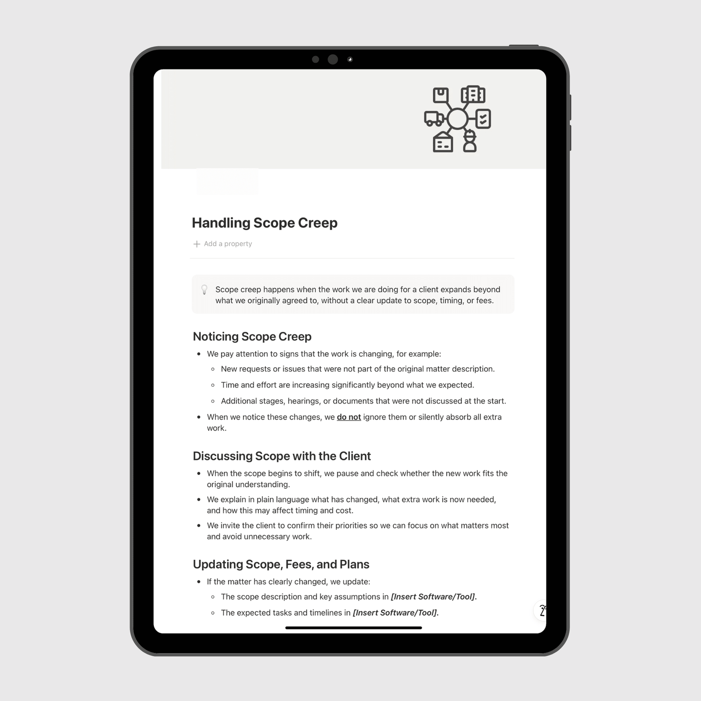 Tablet displaying a document on handling scope creep with text and icons.